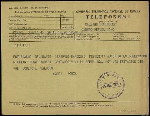 Telegrama do Casino Republicano de Ferrol e,...